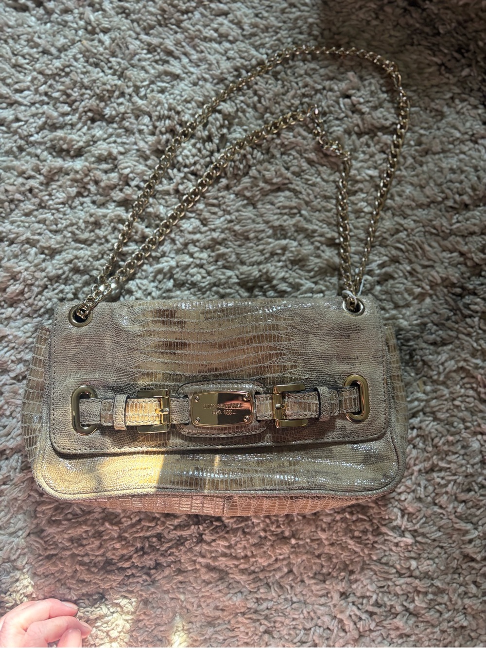 Michael Kors Gold Metallic Snake Embossed Leather Flap Shoulder Bag Chain Strap